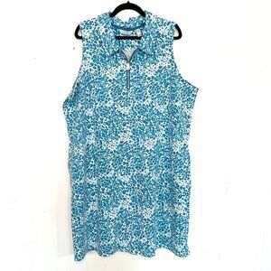 NWOT Sports Savvy Sleeveless Dress Pockets Blue Leopard Floral Henley Zip 2X